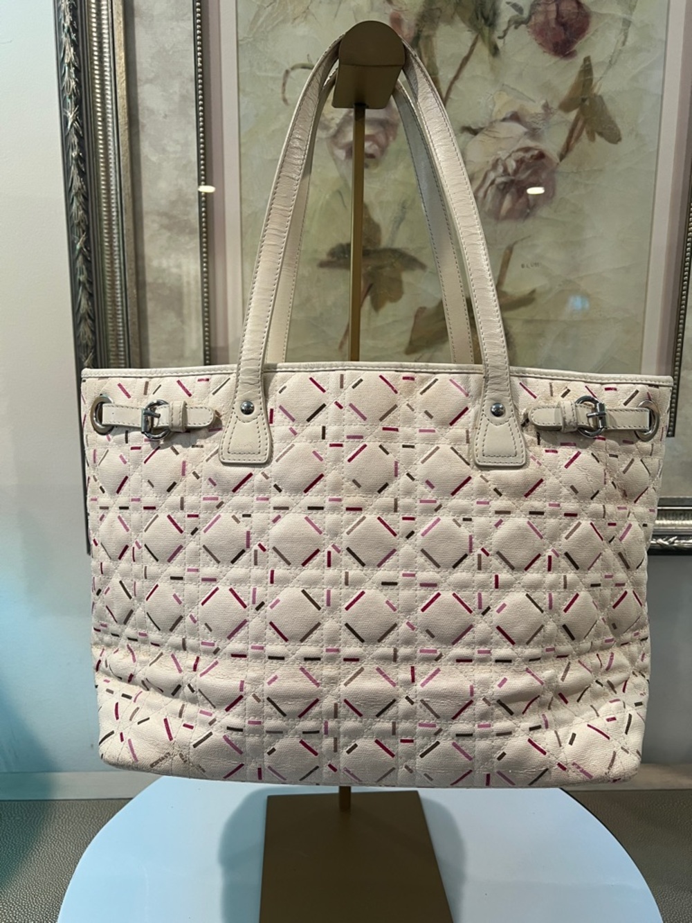 Dior Panarea Cannage Tote Bag Cream and Pink Patterned Tote - needs cleaning - Picture 2 of 11